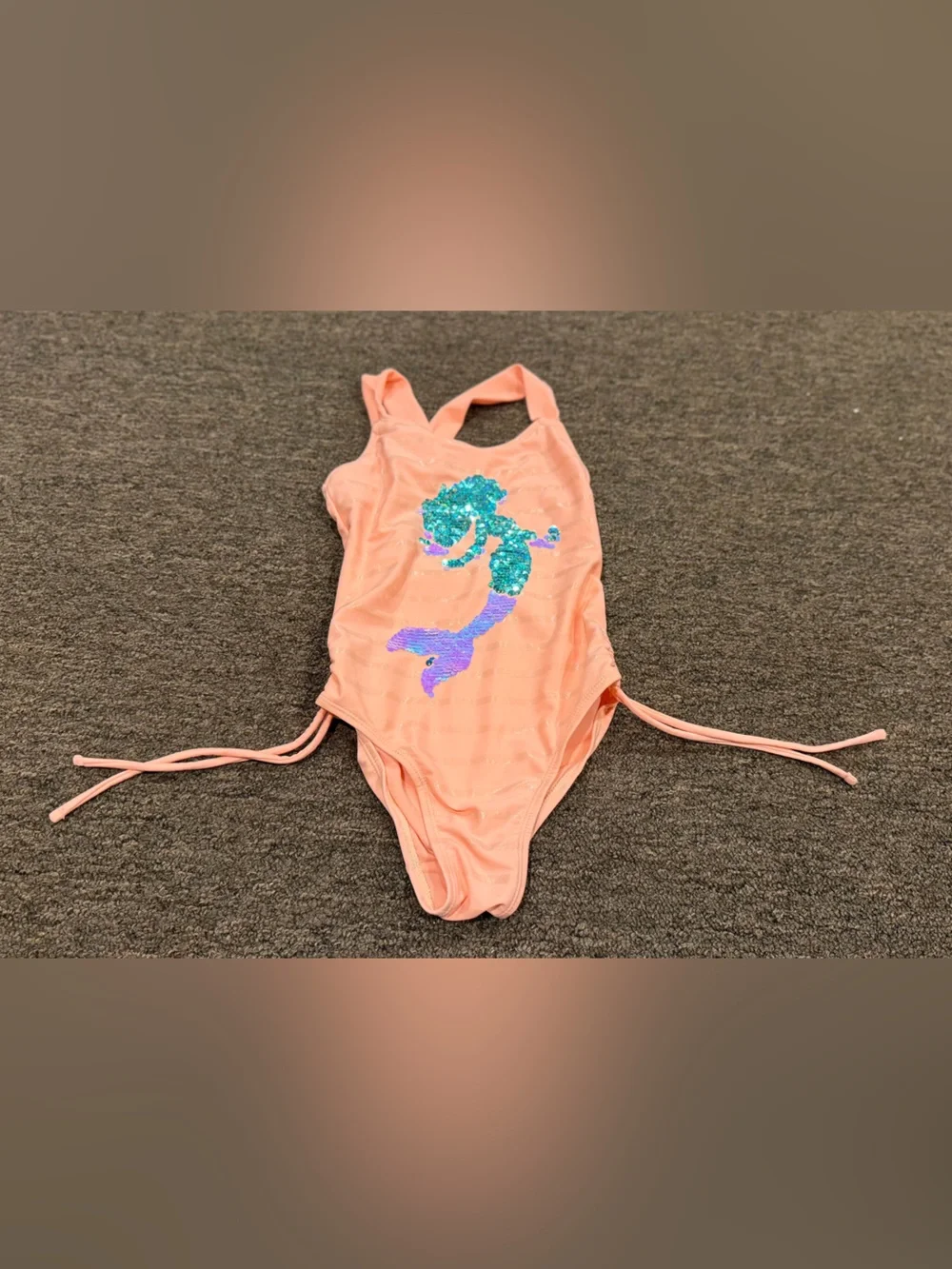 Justice Peach One-Piece Swimsuit with Blue-Green & Purple Sequin Mermaid Sz 6